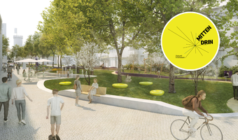 Das Bild zeigt eine Visualisierung nach dem Umbau der Turmstraße mit großen Grünzonen mit Sitzmöglichkeiten und schattenspendenden Bäumen. 