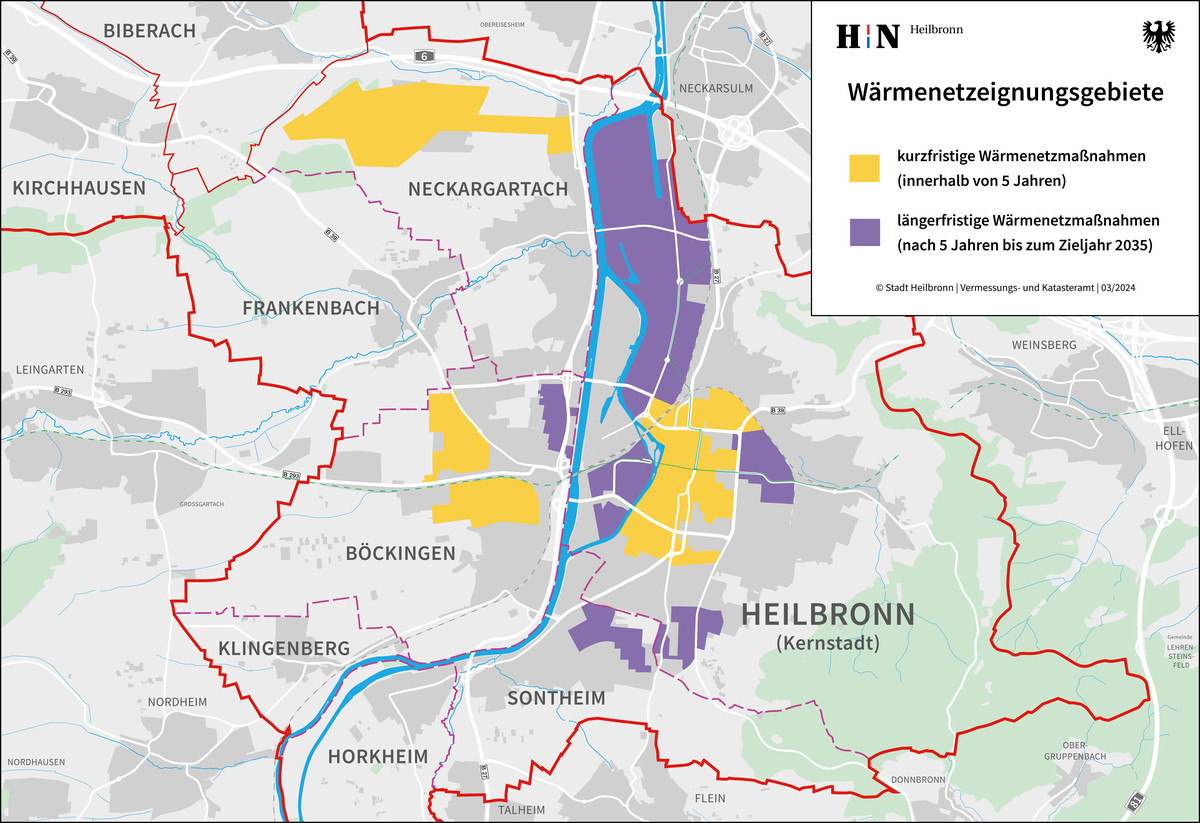 Wärmenetzeignungsgebiete in Heilbronn (dunkelgrau Start Maßnahmen > 5 Jahre, gelb: Start Maßnahme in <5 Jahre)