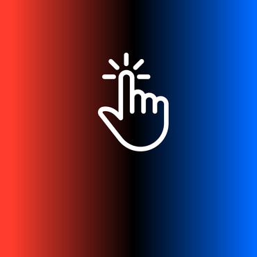 Symbolbild "Links": Weiße Liniengrafik einer Hand mit ausgestrecktem Zeigefinger und Klicksymbol vor einem Farbverlauf von Blau über Schwarz zu Rot.
