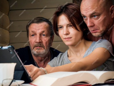 Menschen beim Kochbuch lesen. KI-generiertes Foto. Stadt Heilbronn / Jürgen Häffner