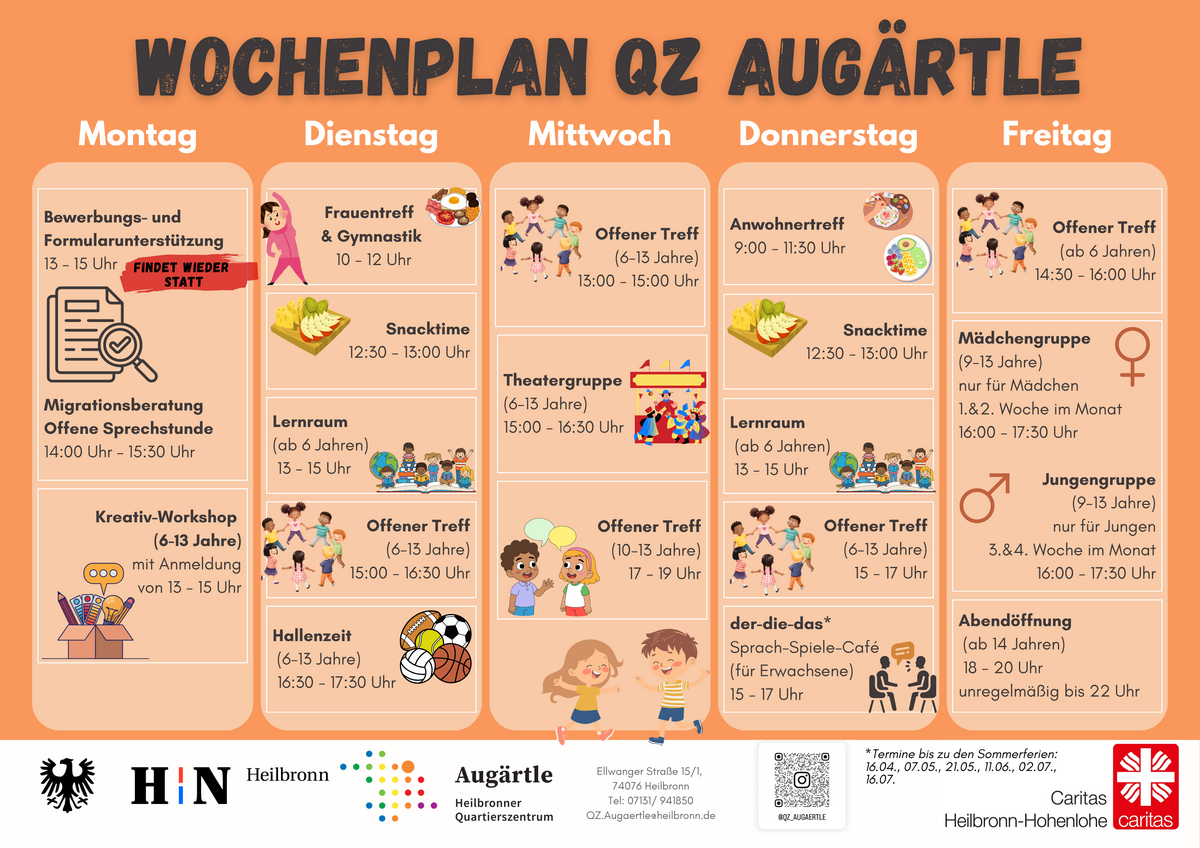 Das Bild zeigt einen übersichtlich gestalteten Wochenplan des Quartierszentrums Augärtle in Heilbronn. Die Angebote sind nach Wochentagen von Montag bis Freitag in Spalten gegliedert. Am Montag finden unter anderem eine offene Sprechstunde zur Migrationsberatung sowie ein Kreativ Workshop für Kinder statt, während ein Termin zur Formularunterstützung vorübergehend ausgesetzt ist. Am Dienstag gibt es Angebote wie Frauentreff und Gymnastik, Snacktime, Lernraum, einen offenen Treff sowie Hallenzeit für Kinder. Am Mittwoch stehen ein offener Treff, eine Theatergruppe und ein weiterer offener Treff für ältere Kinder auf dem Programm. Am Donnerstag umfasst der Plan einen Anwohnertreff, Snacktime, Lernraum, offenen Treff sowie ein Sprach Spiele Café für Erwachsene. Am Freitag werden ein offener Treff, eine Mädchen und eine Jungengruppe sowie eine Abendöffnung für Jugendliche angeboten. Am unteren Rand sind Logos der Stadt Heilbronn, des Quartierszentrums Augärtle und der Caritas sowie Kontaktinformationen und ein QR Code abgebildet.