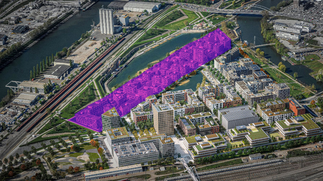 Visualisierung des aufgesiedelten Stadtquartiers Neckarbogen mit dem hier violett gefärbten westlichen Bereich.