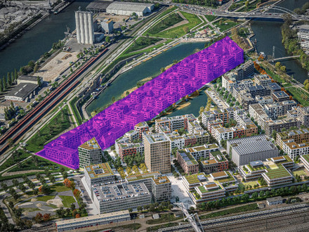 Visualisierung des aufgesiedelten Stadtquartiers Neckarbogen mit dem hier violett gefärbten westlichen Bereich.
