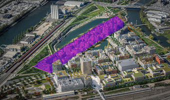 Visualisierung des aufgesiedelten Stadtquartiers Neckarbogen mit dem hier violett gefärbten westlichen Bereich. 