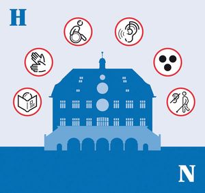 Inklusion im Rathaus Das Rathaus mit verschiedenen Symbolen, die für Inklusion stehen