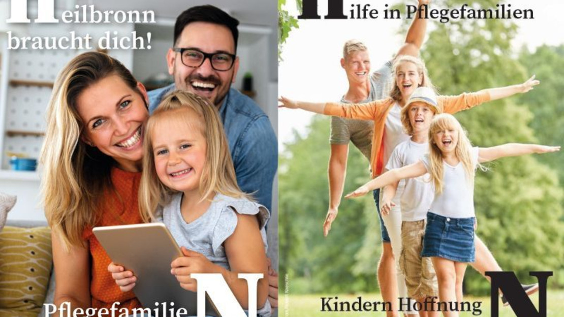 Das Bild zeigt zwei Postkartenmotive des Pflegekinderdienstes der Stadt, auf denen Eltern mit Kindern und den Logo-Buchstaben H und N abgebildet sind. 