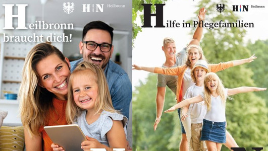 Das Bild zeigt zwei Postkartenmotive des Pflegekinderdienstes der Stadt, auf denen Eltern mit Kindern und den Logo-Buchstaben H und N abgebildet sind. 