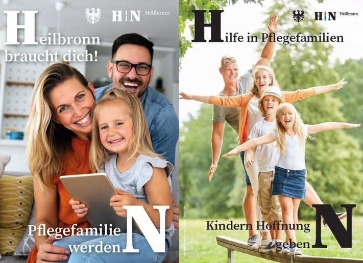 Das Bild zeigt zwei Postkartenmotive des Pflegekinderdienstes der Stadt, auf denen Eltern mit Kindern und den Logo-Buchstaben H und N abgebildet sind. 