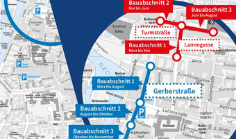 Es ist eine Straßenkarte der nördlichen Innenstadt der Stadt Heilbronn zu sehen. Es ist eingezeichnet, wann und wo welche Bauarbeiten beginnen. 