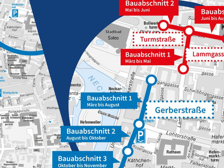 Es ist eine Straßenkarte der nördlichen Innenstadt der Stadt Heilbronn zu sehen. Es ist eingezeichnet, wann und wo welche Bauarbeiten beginnen. 