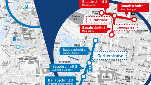 Es ist eine Straßenkarte der nördlichen Innenstadt der Stadt Heilbronn zu sehen. Es ist eingezeichnet, wann und wo welche Bauarbeiten beginnen. 