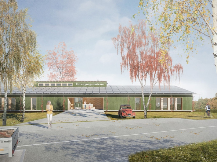 Mit seiner grünen Holzfassade fügt sich das Gebäude harmonisch in die durch Wald und Weinberge geprägte Umgebung ein. Visualisierung: Meyer Architekten, Stuttgart. 