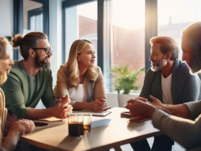 Man sieht Menschen an einem Tisch zusammen sitzen und reden. 