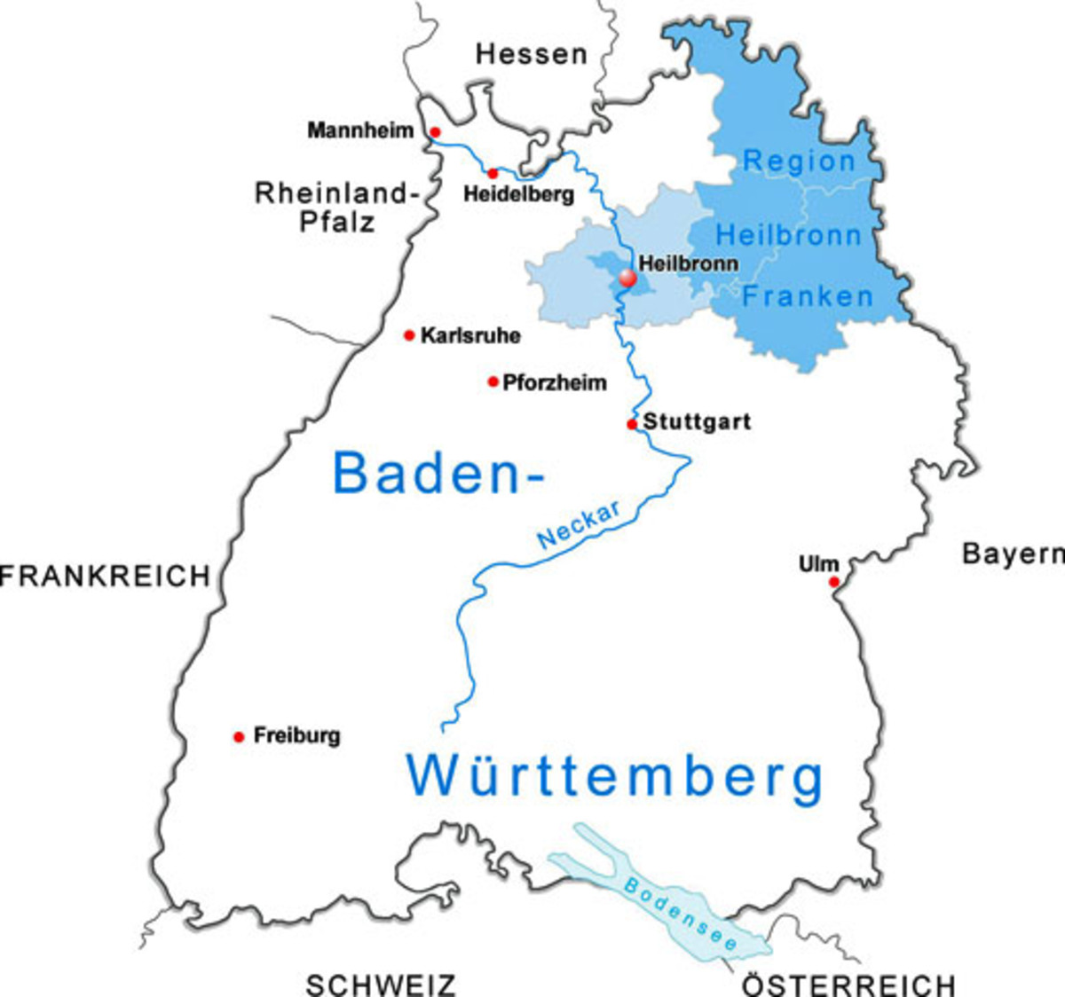 Lage Heilbronns in Baden-Württemberg