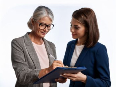 Man sieht eine Person, die eine andere berät und etwas notiert. 