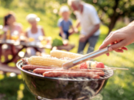 Grill mit Würstchen und Maiskolben, im Hintergrund vier Personen