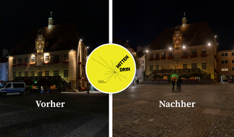 Zuvor zeigten sich in erster Linie die Gebäudefassaden beleuchtet, in der Mitte des Platzes kam jedoch kaum Licht an. Dank der neuen leistungsstarken LED-Strahler ist der gesamte Marktplatz nun deutlich heller. (Fotos: Stadt Heilbronn/ Jürgen Häffner)	