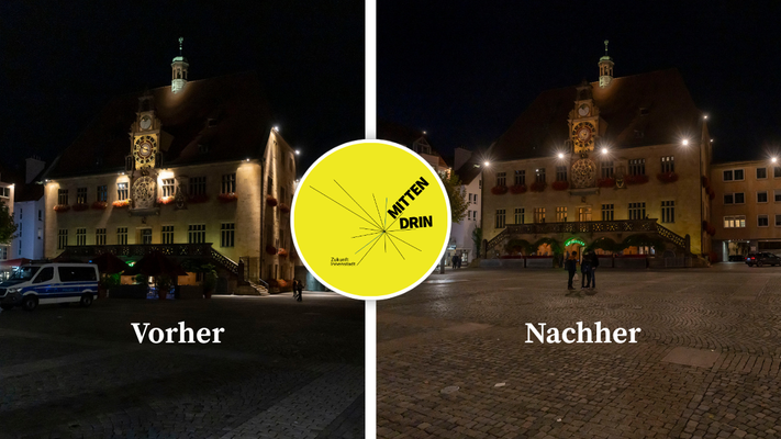 Zuvor zeigten sich in erster Linie die Gebäudefassaden beleuchtet, in der Mitte des Platzes kam jedoch kaum Licht an. Dank der neuen leistungsstarken LED-Strahler ist der gesamte Marktplatz nun deutlich heller. (Fotos: Stadt Heilbronn/ Jürgen Häffner)