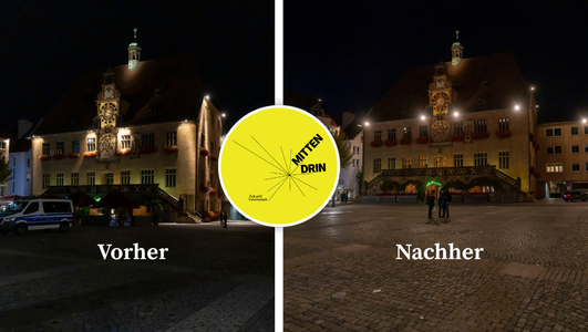Zuvor zeigten sich in erster Linie die Gebäudefassaden beleuchtet, in der Mitte des Platzes kam jedoch kaum Licht an. Dank der neuen leistungsstarken LED-Strahler ist der gesamte Marktplatz nun deutlich heller. (Fotos: Stadt Heilbronn/ Jürgen Häffner)	