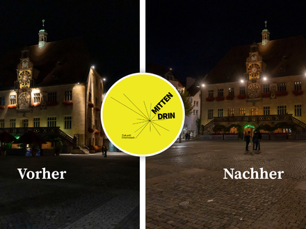 Zuvor zeigten sich in erster Linie die Gebäudefassaden beleuchtet, in der Mitte des Platzes kam jedoch kaum Licht an. Dank der neuen leistungsstarken LED-Strahler ist der gesamte Marktplatz nun deutlich heller. (Fotos: Stadt Heilbronn/ Jürgen Häffner)