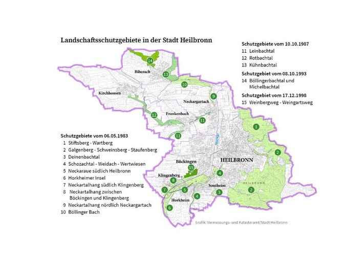 Die Karte zeigt die Standorte und Namen der 15 Landschaftsschutzgebiete in der Stadt Heilbronn.