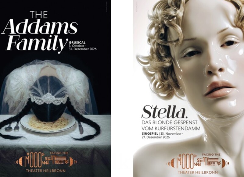Das Bild zeigt zwei Plakate zu neuen Stücken am Heilbronner Theater: "The Addams Family" und das historische Stück "Stella".