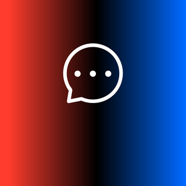 Symbolbild "Kontakte": Weiße Liniengrafik einer Sprechblase mit drei Punkten vor einem Farbverlauf von Blau über Schwarz zu Rot.