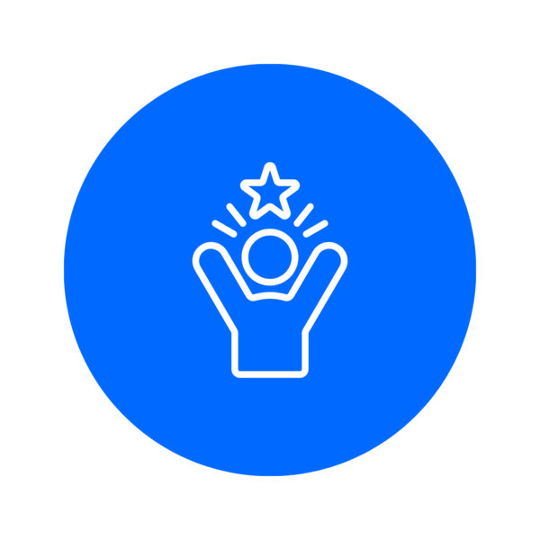 Ein weißes Icon auf einem blauen Kreis. Es zeigt eine Figur, die die Arme nach oben streckt und einen Stern über dem Kopf hat. Symbolbild für Selbstvertrauen.