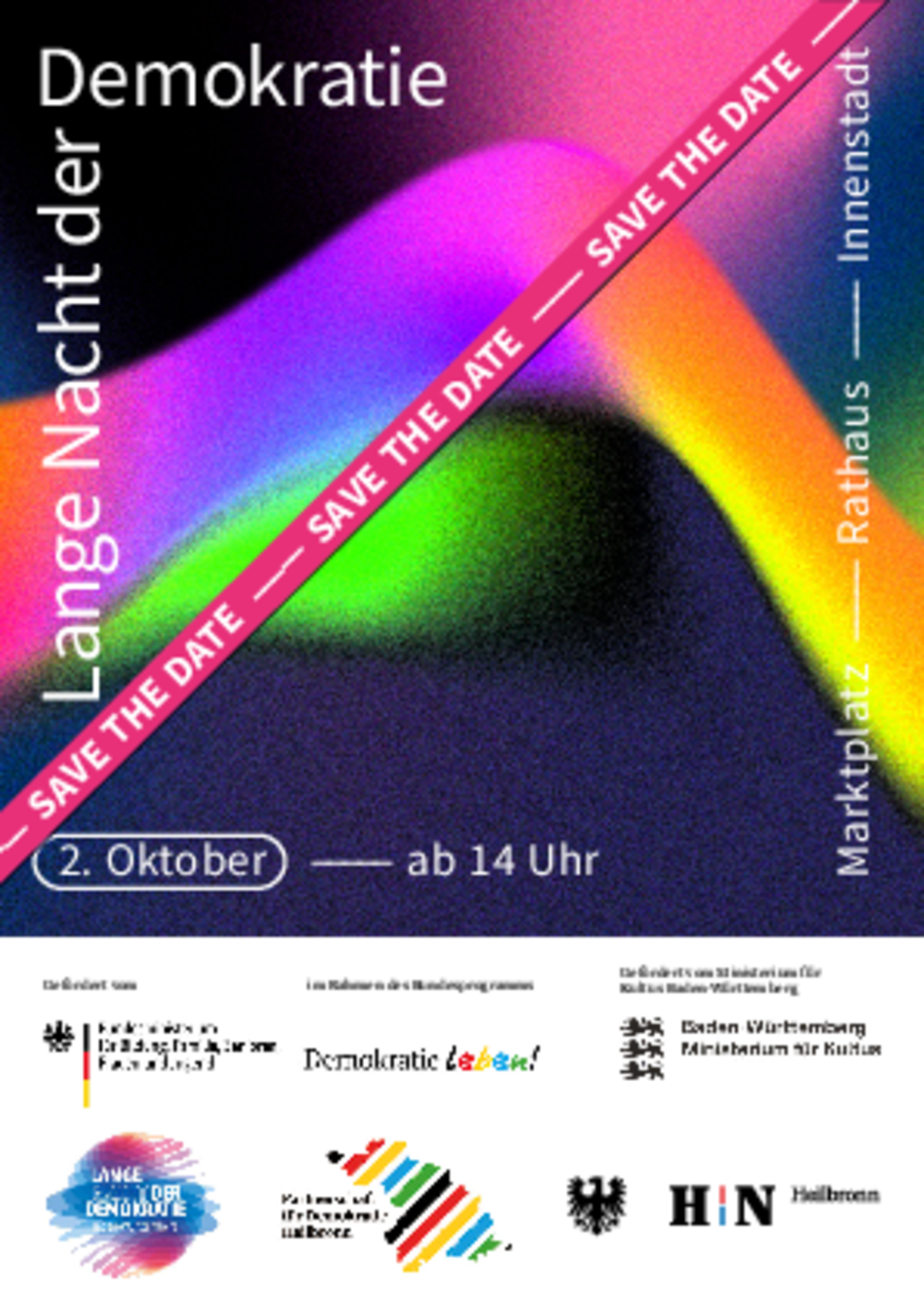 Man sieht das Save the Date Plakat für die Lange Nacht der Demokratie