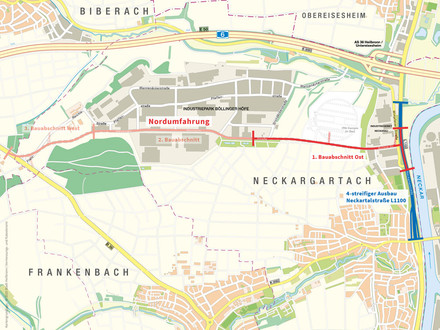 Stadtplan mit den Bauabschnitten für die Nordumfahrung und den Ausbau der Neckartalstraße