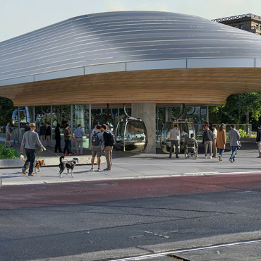 Visualisierung der geplanten Seilbahnstation am Kurt-Schumacher-Platz mit Gondeln, wartenden Fahrgästen sowie Radverkehr auf der angrenzenden Straße.