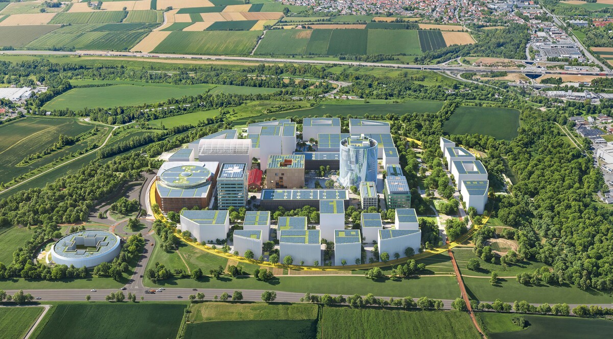 Visualisierung des entstehenden Campus des Innovation Parks Artificial Intelligence (IPAI)
