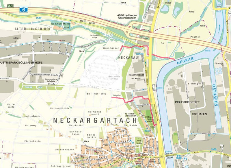Heilbronner Stadtplan, auf dem die geplanten Radrouten zum IPAI rot markiert sind.
