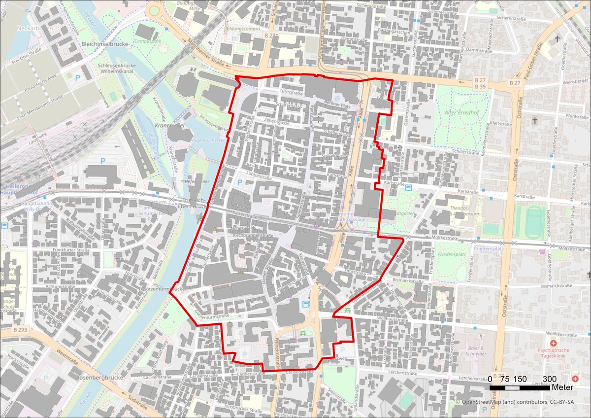 Zu sehen ist eine Karte. Die Innenstadt ist mit einer roten Linie umrandet