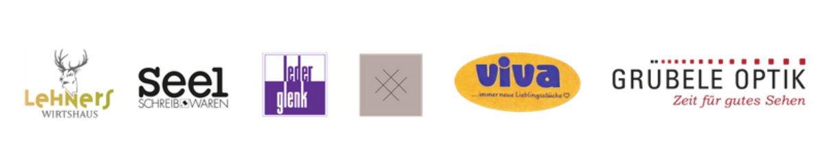 Logos der bisherigen Aktionspartner v.l.n.r. Lehners Wirtshaus, Seel Schreibwaren, Leder Klenk, Rey the Store, Viva Kern, Grübele Optik