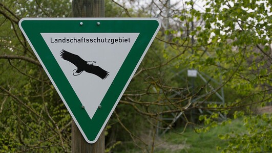 Das Bild zeigt ein grün-weißes Schild in Dreiecksform, das vor Ort auf ein Landschaftsschutzgebiet hinweist. 