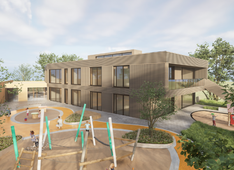 Aus hellen Holzelementen besteht der Neubau der Kita Lotte Lemke in Horkheim. Architektur und Visualisierung: MGF Architekten GmbH, Stuttgart.