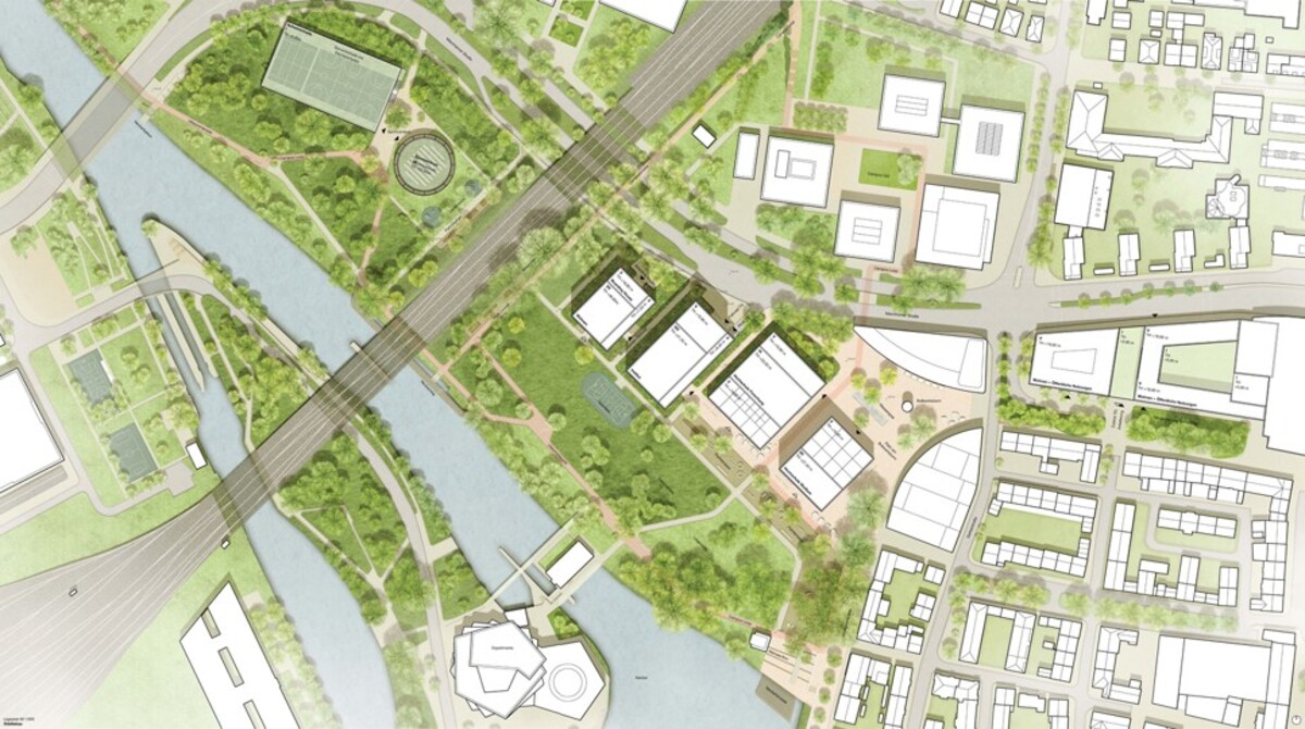 Lageplan des Siegerentwurfs für den Bildungscampus Süd. Zu sehen sind neue Campusgebäude in einer großzügigen Parklandschaft zwischen Neckar, Bahnstrecke und Mannheimer Straße sowie Wege, Grünflächen, Sportanlagen und Uferbereiche.