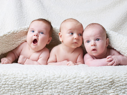 Das Bild zeigt drei Babys, die auf einer Decke liegen und sich neugierig unschauen.