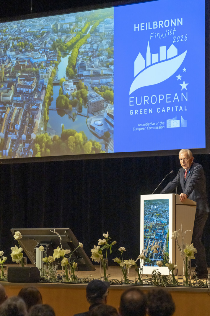 Das Bild zeigt Oberbürgermeister Harry Mergel bei seiner Rede beim Bürgerempfang 2025.