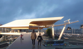 So könnte eine Seilbahnstation im Bereich zwischen Experimenta-Parkhaus und Hauptbahnhof aussehen. (Visualisierung: Stadt Heilbronn / Drees&Sommer / UNStudio)