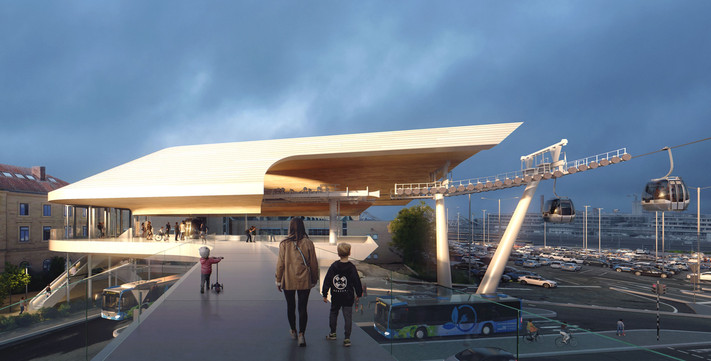 So könnte eine Seilbahnstation im Bereich zwischen Experimenta-Parkhaus und Hauptbahnhof aussehen. (Visualisierung: Stadt Heilbronn / Drees&Sommer / UNStudio)