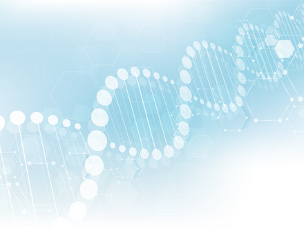 Abstrakte Illustration einer DNA-Doppelhelix auf hellblauem Hintergrund mit hexagonalen Molekülstrukturen.