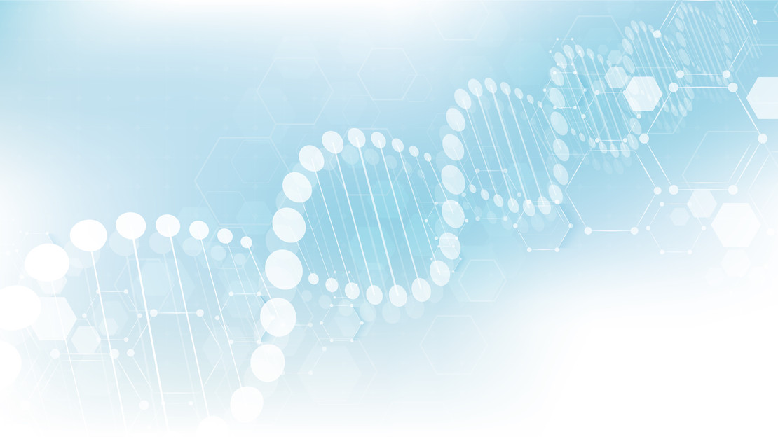 Abstrakte Illustration einer DNA-Doppelhelix auf hellblauem Hintergrund mit hexagonalen Molekülstrukturen.