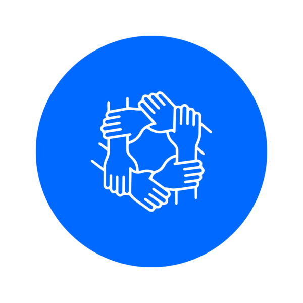 Ein weißes Icon auf einem blauen Kreis. Es zeigt mehrere Hände, die sich an den Handgelenken in einem Kreis festhalten.