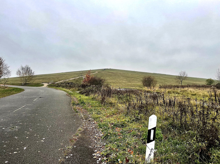 Das Bild zeigt eine abgelegene ältere Straße entlang von Wiesenflächen, irgendwo im Hinterland. "Blühende Landschaften" lautet der Bildtitel. 