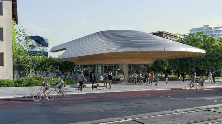 Das Bild zeigt einen Visualisierung der Innenstadtstation am Kurt-Schumacher-Platz. Bildnachweis: Stadt Heilbronn / UNS Studio