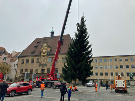 Aufstellung des Weihnachtsbaums auf dem Heilbronner Marktplatz in einem der Vorjahre.