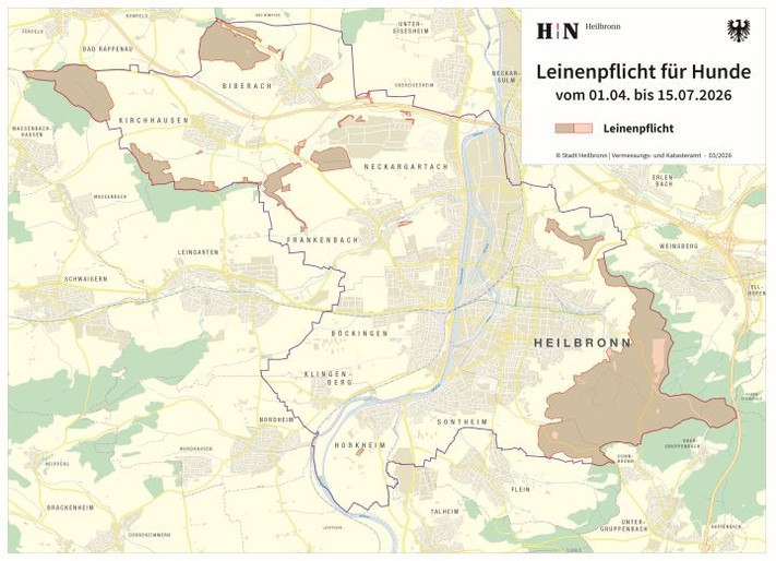 Eine Karte zeigt auf in welchen Waldgebieten in Heilbronn die Leinenpflicht ab 1. April gilt