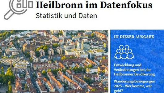 Das Bild zeigt die Titelseite der Broschüre "Heilbronn im Datenfokus", mit der die Stadt Informationen zur Entwicklung von Heilbronn anschaulich aufberrreitet. 
